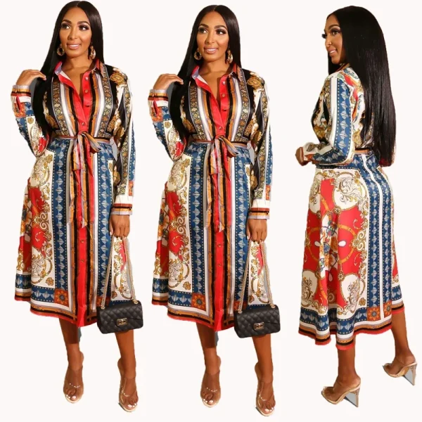 2020 Spring Summer Mid Calf Dress Long Sleeve Print Casual Beach Sashes Bandage Night Club Party Loose Midi Shirt Dresses GL887 - Image 4