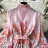 Autumn Holiday Pink Floral Dress Women's Stand Long Lantern Sleeve Belt Lace Up Flower Print Loose A Line Boho Maxi Vestidos - Image 10