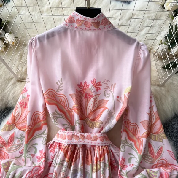 Autumn Holiday Pink Floral Dress Women's Stand Long Lantern Sleeve Belt Lace Up Flower Print Loose A Line Boho Maxi Vestidos - Image 10