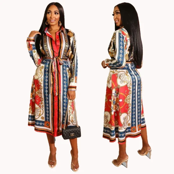 2020 Spring Summer Mid Calf Dress Long Sleeve Print Casual Beach Sashes Bandage Night Club Party Loose Midi Shirt Dresses GL887 - Image 3