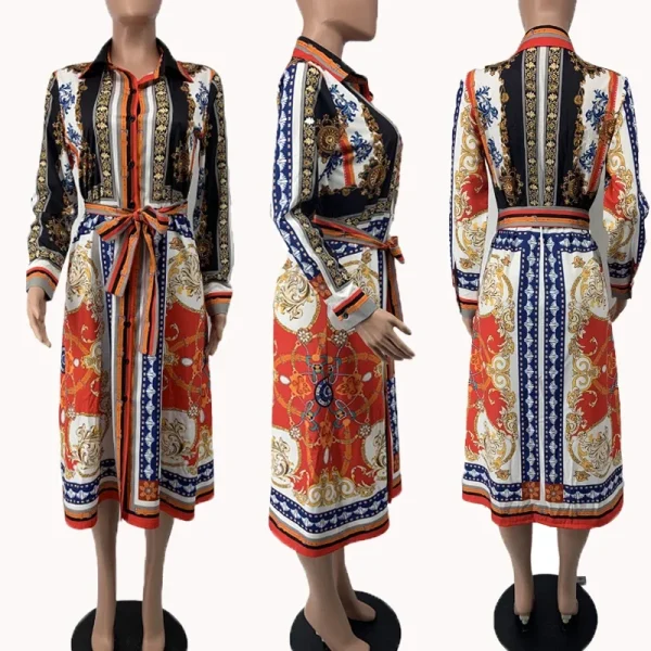 2020 Spring Summer Mid Calf Dress Long Sleeve Print Casual Beach Sashes Bandage Night Club Party Loose Midi Shirt Dresses GL887 - Image 5