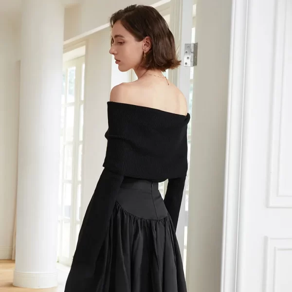 Off Shoulder Sweater Women Sexy Boat Neck Slim Knitted Tops Elegant Fashion Streetwear Black - Image 2