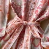 Autumn Holiday Pink Floral Dress Women's Stand Long Lantern Sleeve Belt Lace Up Flower Print Loose A Line Boho Maxi Vestidos - Image 3