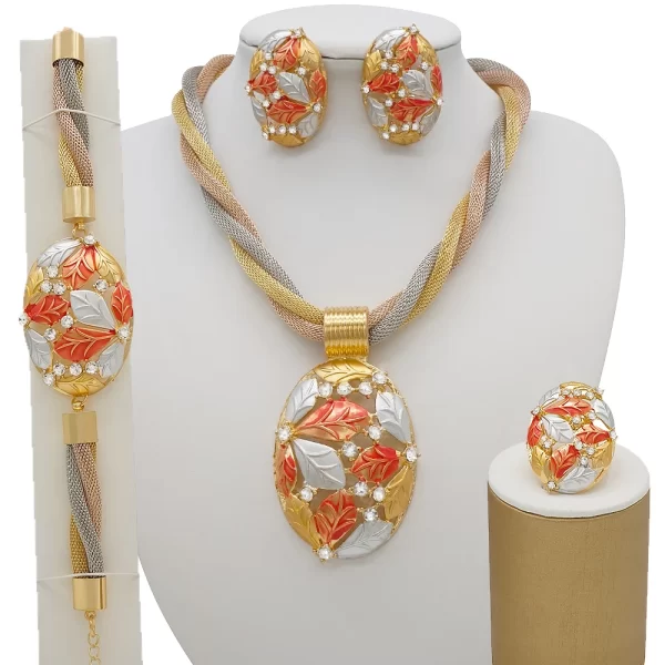 Fashion African Jewelry Charm Necklace Earrings Dubai Gold Jewellery Sets For Women Wedding Bridal Bracelet Ring Jewlery Set - Image 8