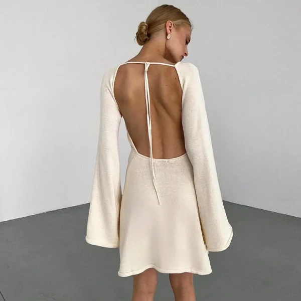 Autumn Knitted Women's High Street Open Back Lace up Long Sleeve Wrapped Mini Party Dress Beach Cocktail Street Dress - Image 5