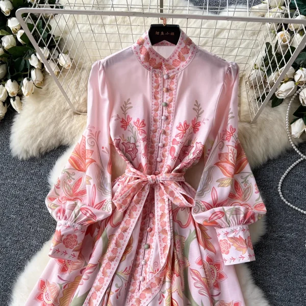 Autumn Holiday Pink Floral Dress Women's Stand Long Lantern Sleeve Belt Lace Up Flower Print Loose A Line Boho Maxi Vestidos - Image 11