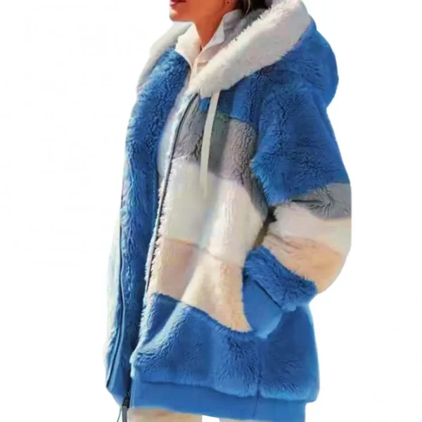 Long Sleeve Warm Jacket Autumn Winter Plus Size 2021 Women Color Block Zipper Fluff Hooded Coat - Image 7