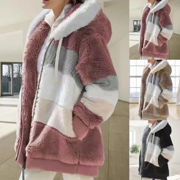 Long Sleeve Warm Jacket Autumn Winter Plus Size 2021 Women Color Block Zipper Fluff Hooded Coat - Image 5