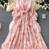 Autumn Holiday Pink Floral Dress Women's Stand Long Lantern Sleeve Belt Lace Up Flower Print Loose A Line Boho Maxi Vestidos - Image 2