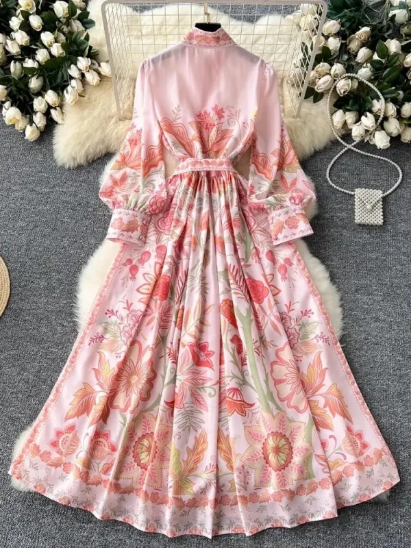 Autumn Holiday Pink Floral Dress Women's Stand Long Lantern Sleeve Belt Lace Up Flower Print Loose A Line Boho Maxi Vestidos - Image 2