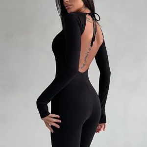 Hugcitar Black O Neck Backless Lace Up Sexy Bodycon Skinny Jumpsuit Winter Women Fashion Nightclub Work Out Romper Overalls Y2K