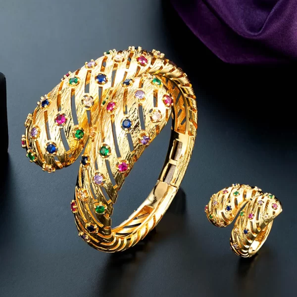 Zlxgirl jewelry Gold And Silver Plated Color African Beads big Bangle With ring jewlery set High Quality Zircon bracelet Aneis