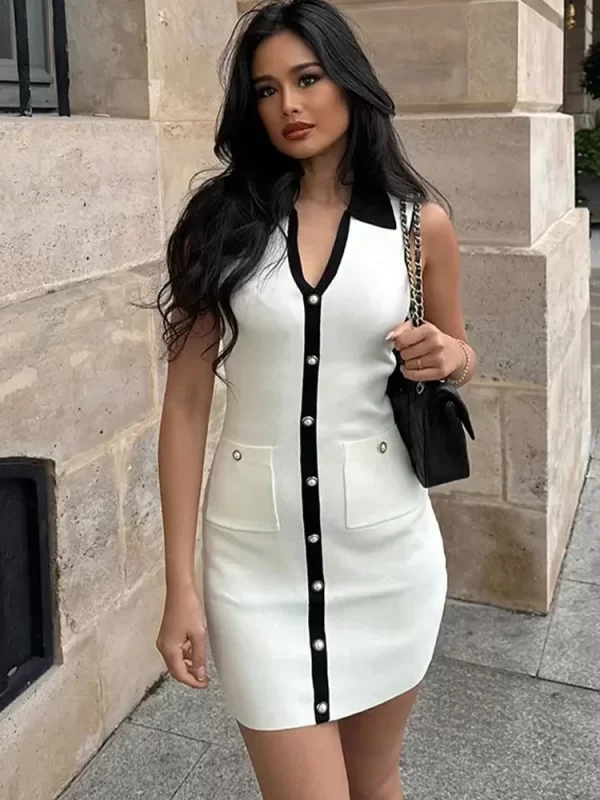 2024 New Fashion Dresses Elegant Sexy Single Slim Breasted Knitted Dresses Women High Street Solid O Neck Short Sleeve Dress - Image 30