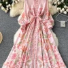 Autumn Holiday Pink Floral Dress Women's Stand Long Lantern Sleeve Belt Lace Up Flower Print Loose A Line Boho Maxi Vestidos