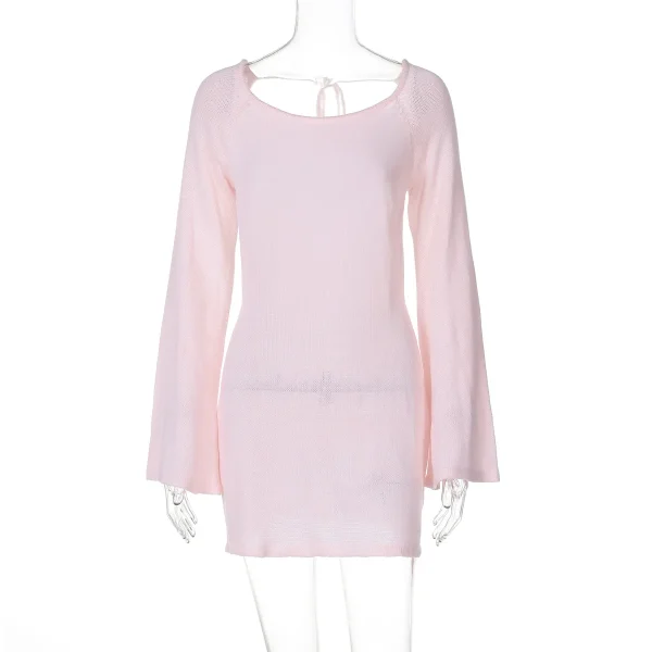 Autumn Knitted Women's High Street Open Back Lace up Long Sleeve Wrapped Mini Party Dress Beach Cocktail Street Dress - Image 9