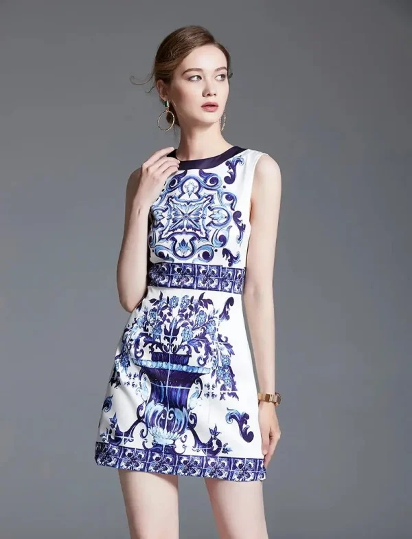 Fashion Runway Summer Short Dress Women's Sleeveless Red Blue And White Porcelain Flower Print Holiday Tank Mini Vestidos - Image 4
