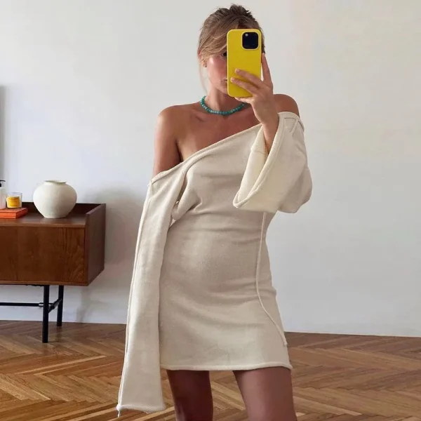 Autumn Knitted Women's High Street Open Back Lace up Long Sleeve Wrapped Mini Party Dress Beach Cocktail Street Dress - Image 4