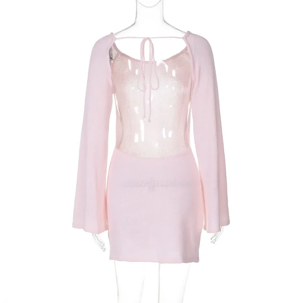 Autumn Knitted Women's High Street Open Back Lace up Long Sleeve Wrapped Mini Party Dress Beach Cocktail Street Dress - Image 10