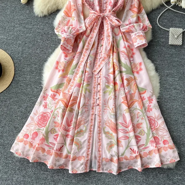 Autumn Holiday Pink Floral Dress Women's Stand Long Lantern Sleeve Belt Lace Up Flower Print Loose A Line Boho Maxi Vestidos - Image 16