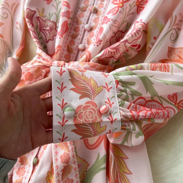 Autumn Holiday Pink Floral Dress Women's Stand Long Lantern Sleeve Belt Lace Up Flower Print Loose A Line Boho Maxi Vestidos - Image 15