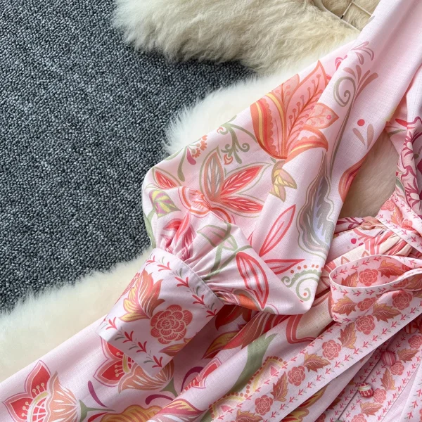 Autumn Holiday Pink Floral Dress Women's Stand Long Lantern Sleeve Belt Lace Up Flower Print Loose A Line Boho Maxi Vestidos - Image 14