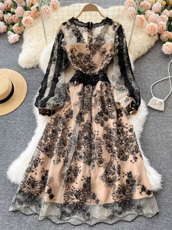Women Vintage Black Party Dress Spring Autumn Lace Elegant Dresses Ladies Sexy V-neck Slim Mesh Sequin Embroidery Long Robe - Image 4