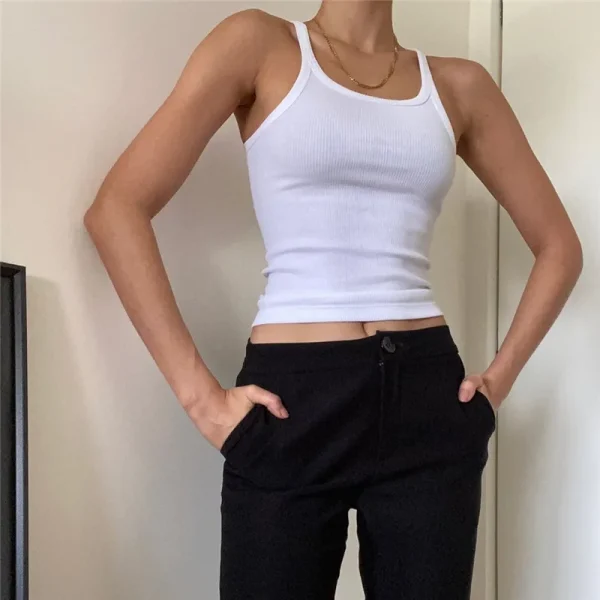 Casual White Sleeveless Cotton Cami Top Women Fashion Ribbed Crop Top Tees Ladies Basic Fitness Camisole Summer 2024 - Image 5