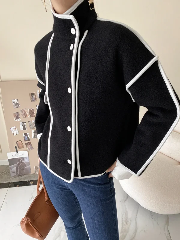 Fashion Coats for Women 2024 Loose Standing Collar Solid Short Women's Jacket Contrast Color Design White Black Autumn Outerwear - Image 19