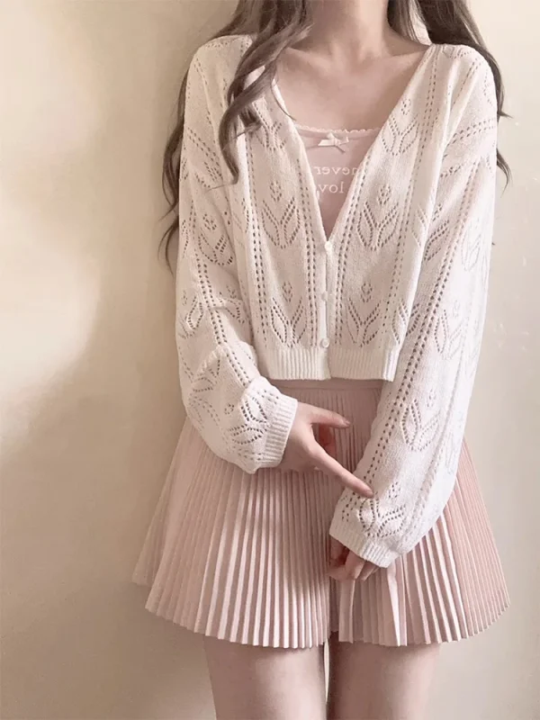 Kawaii Knitted Cardigans Women Long Sleeve V-Neck Flower Shape Hollow Out Sweaters for Sweet Girls - Image 19