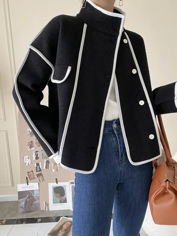 Fashion Coats for Women 2024 Loose Standing Collar Solid Short Women's Jacket Contrast Color Design White Black Autumn Outerwear - Image 11