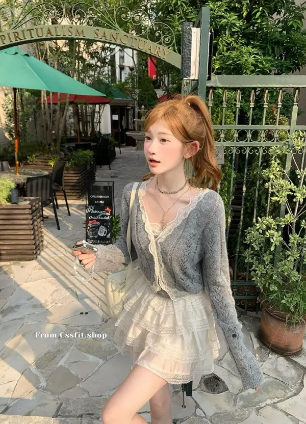Solid Color Desire Style Women's Fall Lace Splicing Camisole Sweet Top Cardigan Two Piece Fashion Suit Pants Long Sleeve Zipper - Image 34