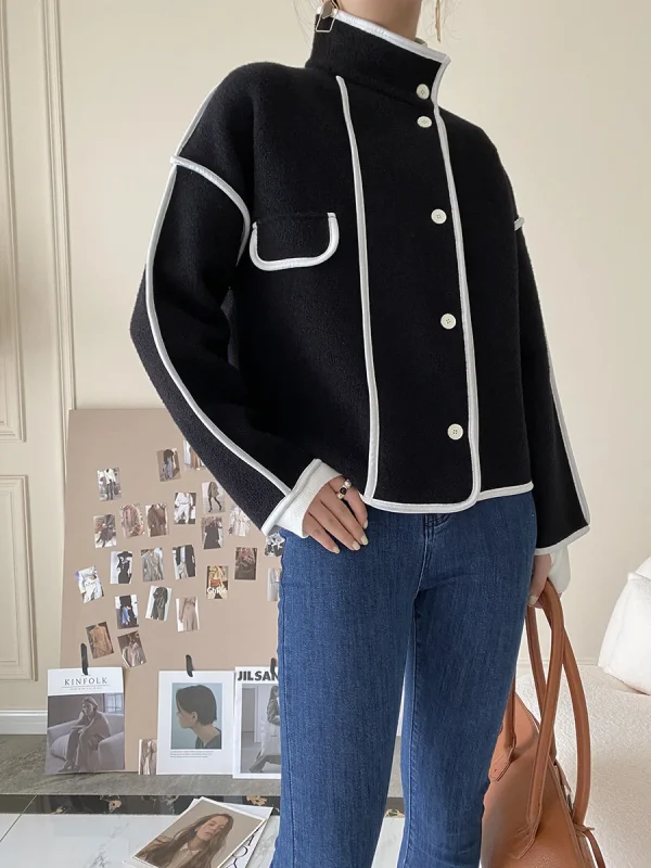 Fashion Coats for Women 2024 Loose Standing Collar Solid Short Women's Jacket Contrast Color Design White Black Autumn Outerwear - Image 20