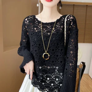 100% cashmere sweater women's 2024 spring and autumn O-neck soft warm pullover openwork loose large size casual knit top