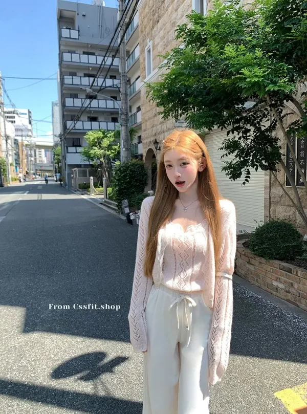 Solid Color Desire Style Women's Fall Lace Splicing Camisole Sweet Top Cardigan Two Piece Fashion Suit Pants Long Sleeve Zipper - Image 33