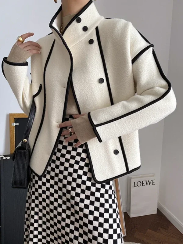 Fashion Coats for Women 2024 Loose Standing Collar Solid Short Women's Jacket Contrast Color Design White Black Autumn Outerwear - Image 2