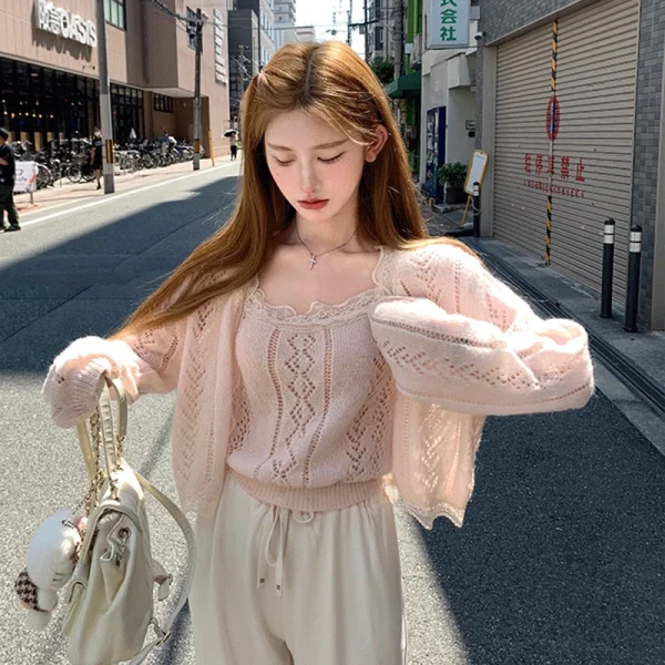 Solid Color Desire Style Women's Fall Lace Splicing Camisole Sweet Top Cardigan Two Piece Fashion Suit Pants Long Sleeve Zipper - Image 5