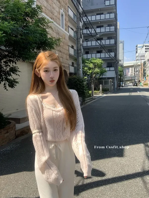 Solid Color Desire Style Women's Fall Lace Splicing Camisole Sweet Top Cardigan Two Piece Fashion Suit Pants Long Sleeve Zipper - Image 20