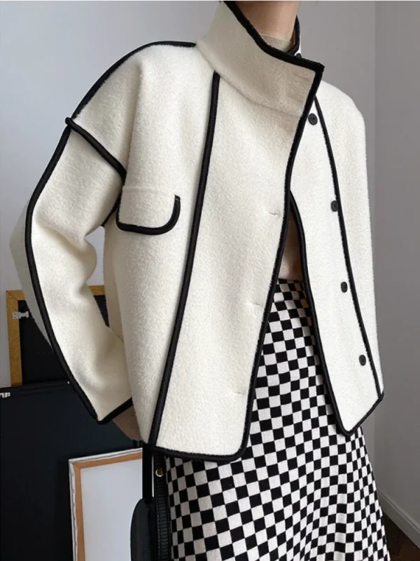 Fashion Coats for Women 2024 Loose Standing Collar Solid Short Women's Jacket Contrast Color Design White Black Autumn Outerwear