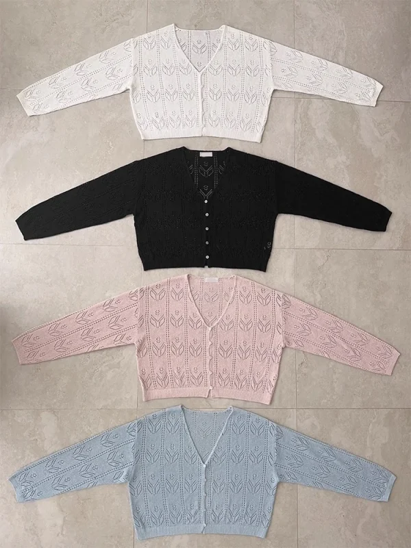 Kawaii Knitted Cardigans Women Long Sleeve V-Neck Flower Shape Hollow Out Sweaters for Sweet Girls - Image 10
