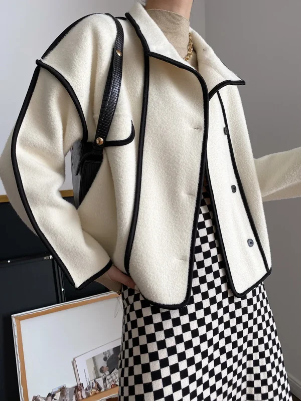 Fashion Coats for Women 2024 Loose Standing Collar Solid Short Women's Jacket Contrast Color Design White Black Autumn Outerwear - Image 29