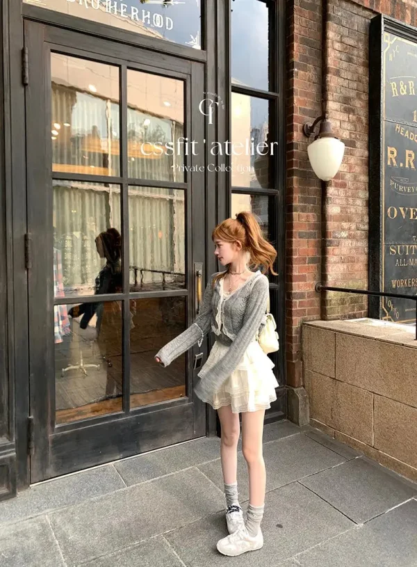 Solid Color Desire Style Women's Fall Lace Splicing Camisole Sweet Top Cardigan Two Piece Fashion Suit Pants Long Sleeve Zipper - Image 21