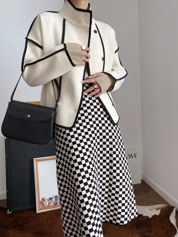Fashion Coats for Women 2024 Loose Standing Collar Solid Short Women's Jacket Contrast Color Design White Black Autumn Outerwear - Image 35