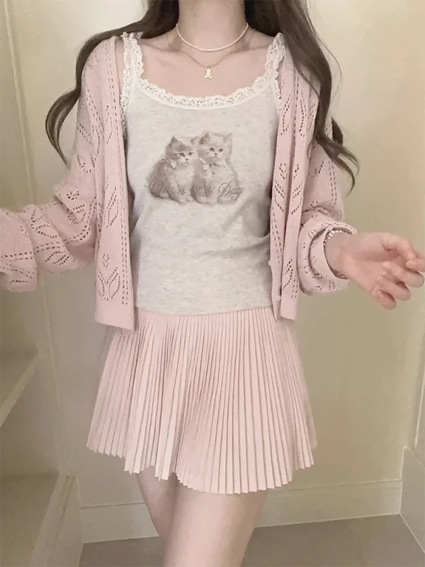 Kawaii Knitted Cardigans Women Long Sleeve V-Neck Flower Shape Hollow Out Sweaters for Sweet Girls - Image 18