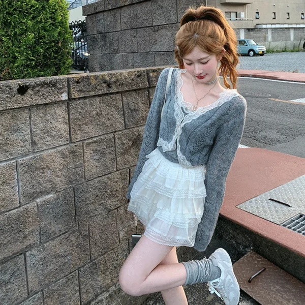 Solid Color Desire Style Women's Fall Lace Splicing Camisole Sweet Top Cardigan Two Piece Fashion Suit Pants Long Sleeve Zipper - Image 8