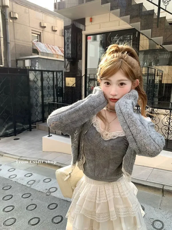 Solid Color Desire Style Women's Fall Lace Splicing Camisole Sweet Top Cardigan Two Piece Fashion Suit Pants Long Sleeve Zipper - Image 13