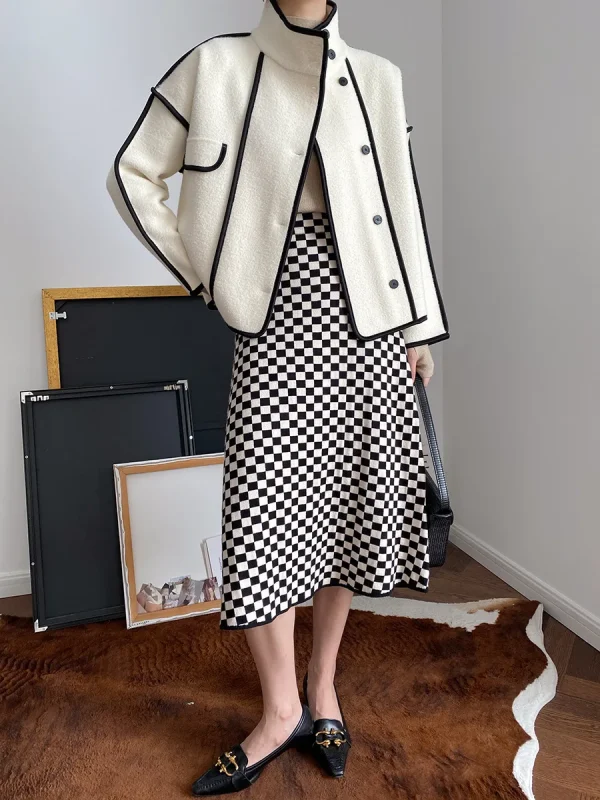 Fashion Coats for Women 2024 Loose Standing Collar Solid Short Women's Jacket Contrast Color Design White Black Autumn Outerwear - Image 17
