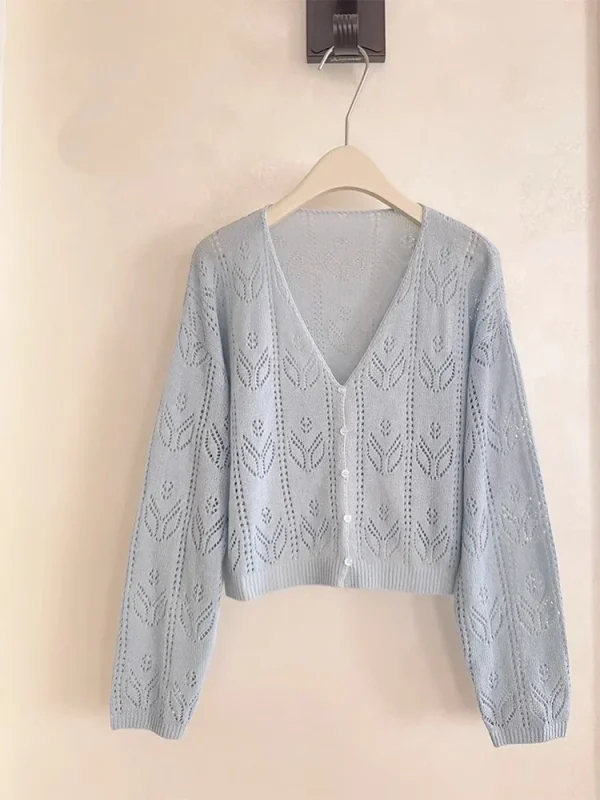 Kawaii Knitted Cardigans Women Long Sleeve V-Neck Flower Shape Hollow Out Sweaters for Sweet Girls - Image 8