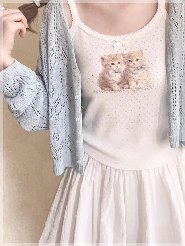 Kawaii Knitted Cardigans Women Long Sleeve V-Neck Flower Shape Hollow Out Sweaters for Sweet Girls - Image 20