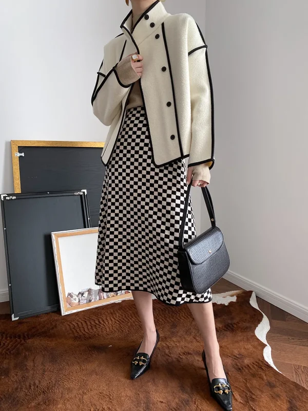 Fashion Coats for Women 2024 Loose Standing Collar Solid Short Women's Jacket Contrast Color Design White Black Autumn Outerwear - Image 36