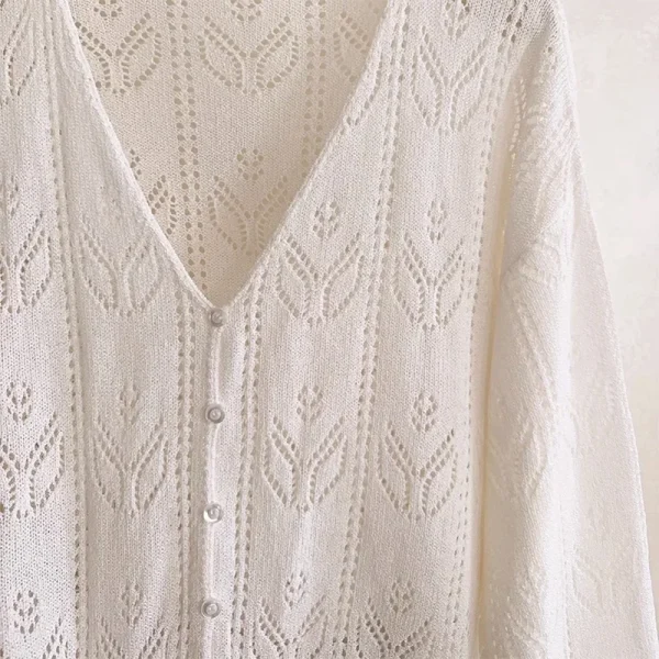 Kawaii Knitted Cardigans Women Long Sleeve V-Neck Flower Shape Hollow Out Sweaters for Sweet Girls - Image 5